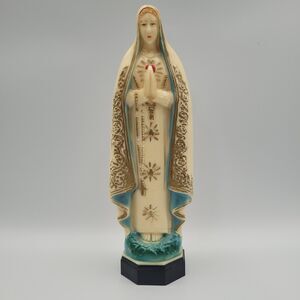 VTG Virgin Mary Our Lady of Fatima Rosary Keeper Plastic Statue 8.25" Container